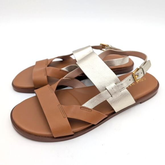 Cole Haan Fawn Women's Slingback Flat Sandal Strappy Tan/Gold Buckle Size 7.5B - Picture 1 of 11